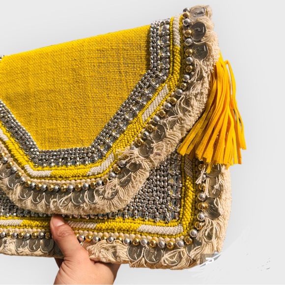 Bohemian Envelope Wristlets Banjara Clutch Yellow Color With tassels - Picture 5 of 6